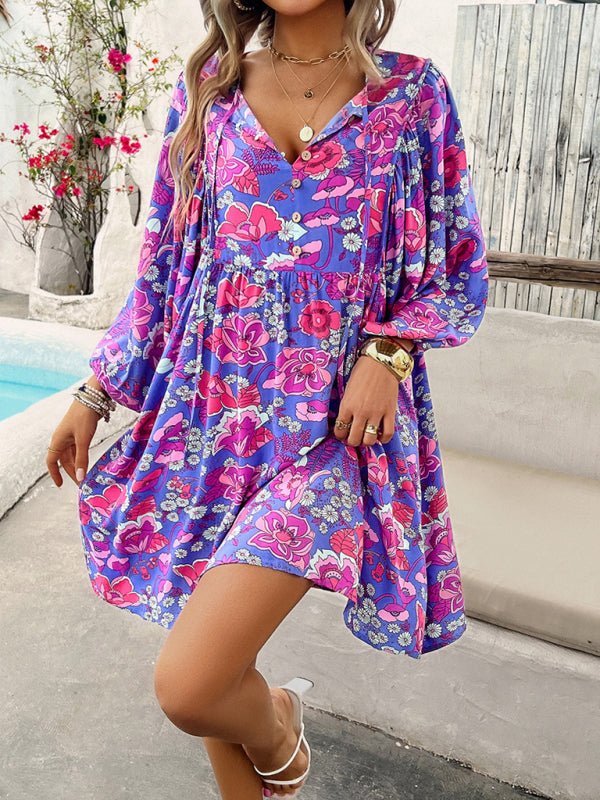 New V - neck loose casual full - body printed dress - Casual Dress